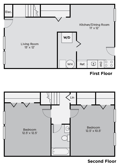 Floor plan for 2 beds, 1 bath, 864 sqft
